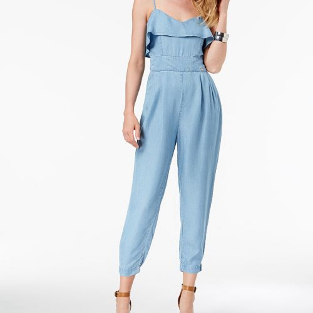 GUESS Cotton Denim Flounce Jumpsuit - Picture 1 of 2